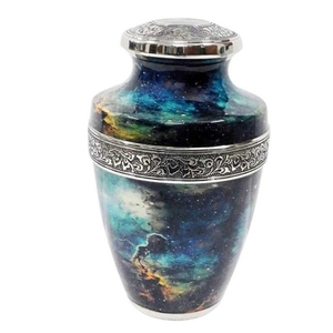 Urne funéraire en aluminium brillant bleu marine avec bande gravée en bronze antique pour cendres - Product Image 6