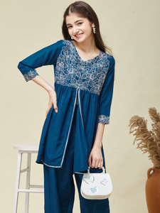<b>Women</b> Teal Silk Blend Embroidered Peplum <b>Kurta</b> and Pant Set Regular Fit Casual Traditional Wear Quick Dry Knee-Length - Product Image 3