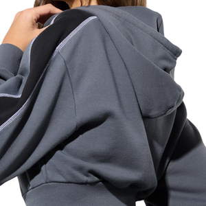 Custom Womens <b>Cropped</b> Full <b>Zip</b> Hoodie Two Tone Fleece Sweatshirt with Contrast Sleeve Panels Exposed Seams and Wide Ribbed Waist - Product Image 4