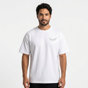T-shirt blanc surdimensionné à manches courtes avec logo ailes en relief, haut décontracté en jersey de coton à col rond pour homme - Product Image 2