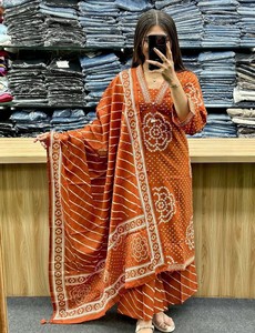 <b>Women</b> Orange Cotton Vintage Quick Dry <b>Kurta</b> Dupatta Hand Drawn Ethnic Wear India Pakistan Regular Fit Summer Casual 85992 - Product Image 1