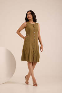 OLIVE COTTON DENIM DRESSO-Neck Sleeveless Midi <b>Dress</b> With Button Front And Slit Fitted Sheath Casual Daily Wear Olive Green Wove - Product Image 2