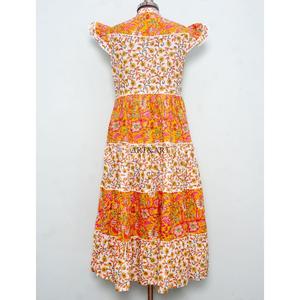 Robe longue d'été à manches courtes multicolore en coton avec ceinture, style modeste, imprimé numérique, col noué sur le devant, coupe fluide, douce et naturelle - Product Image 6