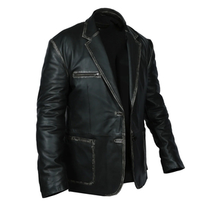 Men's Black <b>Leather</b> Single Breasted Notched Collar <b>Blazer</b> Regular Fit Windproof Woven <b>Jacket</b> - Product Image 2