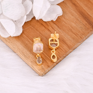 Natural Rose Quartz Hexagon & Pear Shaped Brass Gold Plated <b>Hook</b> Handmade Gemstone Dangle <b>Earrings</b> for Women - Product Image 4