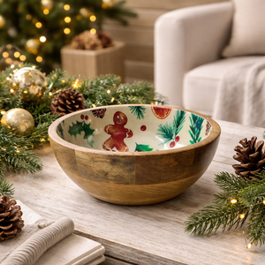 ชามเคลือบเงาธรรมชาติลายขนมปังขิง  ช้อนส้อมไม้มะม่วงแกะสลักด้วยมือ เป็นมิตรกับสิ่งแวดล้อม  ชุดอุปกรณ์เสิร์ฟสลัดจากไม้ธรรมชาติสำหรับใช้ในครัว - Product Image 4