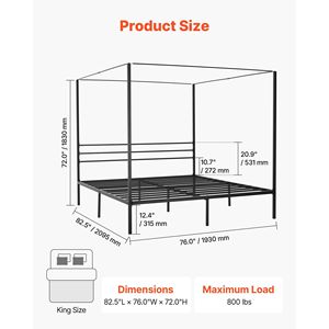 Letto a baldacchino King Size in metallo con telaio in acciaio resistente, design a quattro montanti e spazio contenitore sotto il letto - Product Image 2