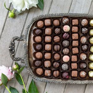 Vintage Silver Plated Rectangular Tray Metal Carved <b>Food</b> <b>Server</b> for Dessert, Chocolate & Jewelry Display Platter Chocolate Tray - Product Image 1