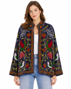 Women Velvet Embroidered Reversible <b>Quilted</b> <b>Jacket</b> O-Neck Regular Sleeve Floral Boho Style Autumn Coat Handmade Suzani <b>Pattern</b> - Product Image 1