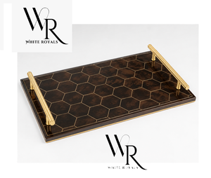 Plateau de service rectangulaire en bois avec poignées en métal doré pour la maison, l'hôtel, ou comme présentoir de table, en gros chez White Royals - Product Image 1