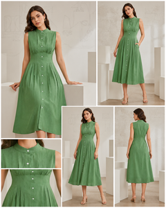 Vestido Midi Verde de Algodón Tejido, Sin Mangas, con Botones, Estilo Simple, Sólido, Moderno, Bohemio, Plisado, con Cuello Mandarín Retro - Product Image 2