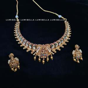 Luxury Bridal Pearl Gold Polish Lakshmi Necklace Set in Copper - Product Image 2