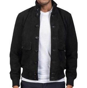 เสื้อแจ็คเก็ตบอมเบอร์หนังกลับสีดำสำหรับผู้ชาย - Product Image 1