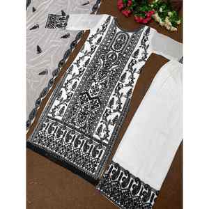 DISEÑADOR GEORGETET PUNTADA DE CADENA TRABAJO FONDO SUPERIOR CON DUPATTA BLANCO - Product Image 2