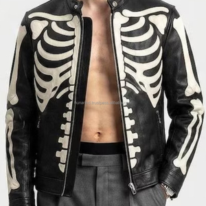 Manteau Moto Gothique Punk Streetwear, style haute couture, avec appliques en os de mouton découpées à la main, en cuir de mouton noir pour moto - Product Image 1