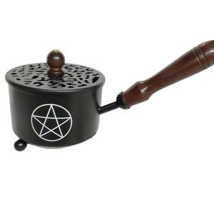 Artisanat fer chaudron brûleur d'encens en bois Nob poignée poudre enduit imprimé symbole résine charbon de bois brûleur diffuseur - Product Image 2