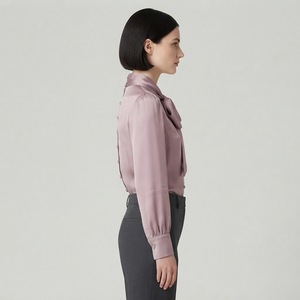 Top Elegante de Seda Satinada Tejida para Mujer, Cuello Alto con Lazo, Manga Larga Abullonada, Diseño Color Block - Product Image 3