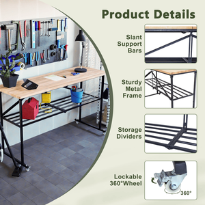 <b>Adjustable</b> Foldable Hardwood Workbench Wood Top Utility <b>Table</b> with Locking Casters for Woodworking - Product Image 4