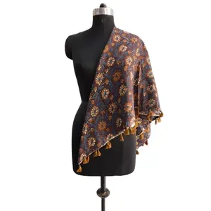 Marrom Tassel Mão Preto Floral Impresso Xaile Macio Mulheres Handmade Lenço De Algodão Envoltório Do Pescoço Roubou Hijab Dupatta