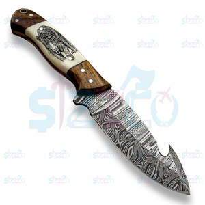 OEM Damascus Steel Hunting <b>Knife</b> Skinner, Engraved <b>Handle</b> Gut Hook Fixed Blade Camping Outdoor EDC <b>Knife</b> with Leather Sheath - Product Image 6