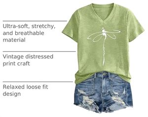 Women Dragonfly Print V Neck Short Sleeve Cotton T Shirt Loose Fit Casual Summer <b>Top</b> - Product Image 3