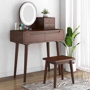 Modern Wood Makeup Vanity Desk with <b>Mirror</b> Jewelry Storage Drawer Chair and Shelves for Bedroom and Home Office - Product Image 6