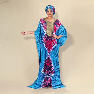 ชุดคาฟตันผ้าเรยอนแบบเรียบง่าย คอปักลายสวยงาม ลายมัดย้อมสีสันสดใส แขนทรงปีกค้างคาวขนาดใหญ่ ไซส์พลัส ทรงพลิ้วไหว ยาวคลุมเท้า เหมาะสำหรับวันอีด - Product Image 1