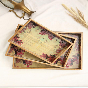 Bandeja con marco de madera natural e incrustaciones de hueso en forma de hoja azul, disponible a precios de mayorista, perfecta para entornos rústicos pero sofisticados. - Product Image 2