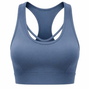 Women's Navy <b>Blue</b> Racerback Sports <b>Bra</b> High Support Breathable Lightweight Seamless Simple Front Logo Yoga Wear - Product Image 4