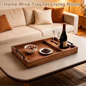 Acacia <b>Wood</b> Serving Tray with Wine Holder Modern Design Food Grade Easy to Clean Multifunctional Coffee Table Tray-REHMAN CRAFT - Product Image 2