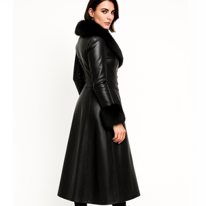 Women's Long Faux Leather Trench <b>Coat</b> With Fur Trim Elegant <b>Winter</b> Outerwear Black Full Sleeve <b>Thick</b> Warm Coating - Product Image 5