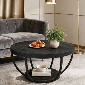 Tavolino da Caffè Rotondo in Legno a Doppio Ripiano, a Forma di Ciotola, con Funzionalità da Tavolino da Tè - Product Image 1
