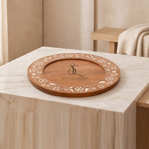 Plateau rond élégant en bois avec un magnifique design floral et une bordure en os incrusté, vaisselle et décoration d'intérieur haut de gamme en gros - Product Image 1