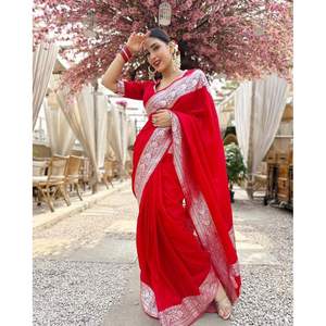 Fashionable Banarsi Weaving Work Saree with Unstitched <b>Blouse</b> in <b>Red</b> - Product Image 1