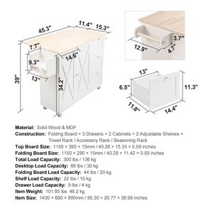Carrello da Cucina Regolabile da 115 cm con Piano in Legno Massello, Mobiletto Mobile con Ruote e Porta Spezie - Product Image 5