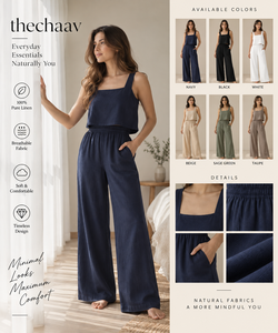 Ensemble coordonné bohème tendance en lin/coton - Débardeur court bleu marine et pantalon confortable longueur cheville, écologique et respirant pour femme - Collection été - Product Image 5