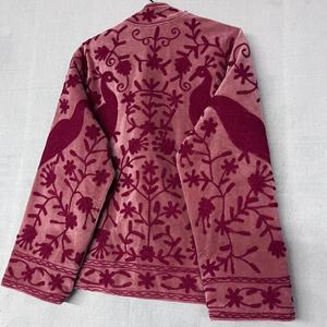 <b>Women</b> Pink <b>Velvet</b> Embroidered Suzani Jacket With Floral And Peacock Pattern Full Sleeve Stand Collar Bohemian <b>Women</b> Autumn <b>Coat</b> - Product Image 3
