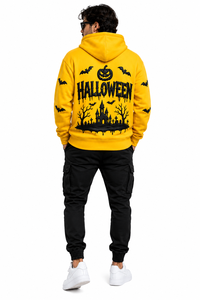 Sweat-shirt à capuche graphique personnalisé pour Halloween, pour hommes et femmes, jaune, avec impression 3D de citrouille, chauve-souris et maison hantée, en molleton de coton - Product Image 4