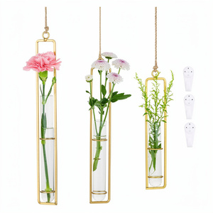 Metal Flowers <b>Vases</b> Decorations Golden Plated Suitable for Home Decor Terrarium Crafts Set of 3 Wall Mounted - Product Image 1