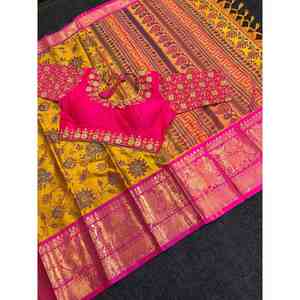 SAREE TRADITIONNEL EN COTON SOIE JACQUARD TRAVAIL AVEC BLOUSE COUSE MOUTARDE - Product Image 1