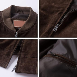 Brown <b>Suede</b> Bomber <b>Jacket</b> Casual Stand Collar Zipper Closure Regular Fit Autumn Outerwear - Product Image 3