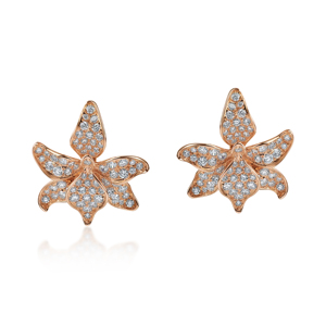 Boucles d'oreilles à fleurs en or rose avec diamant rond pour femmes, luxe pour un usage quotidien - Product Image 1