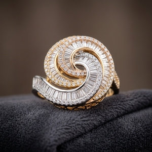 Spiral Vortex Statement Swirl <b>Cocktail</b> <b>Ring</b> with Channel Baguette & Pave Round Diamond Setting in Two Tone <b>Ring</b> - Product Image 3