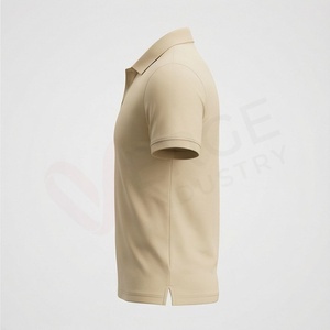 Polo en piqué 100% coton beige à manches courtes pour homme, décontracté, respirant, coupe classique, design tricoté uni - Product Image 3