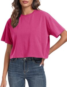 Camiseta Corta de Cuello Redondo Verde para Mujer, Corte Holgado, Color Sólido, Informal, Tejido de Punto Jersey, Transpirable, para Primavera/Verano - Product Image 5