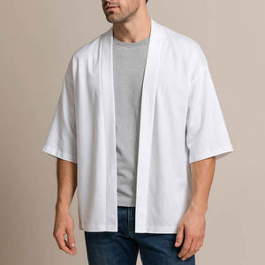 Men's <b>White</b> Oversized Kimono Shirt <b>Short</b> Sleeve Collarless Casual Summer Cotton Poplin Breathable Streetwear Cardigan - Product Image 1