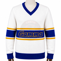 Pull blanc pour femme de la sororité grecque Sigma Gamma Rho, col en V, tricoté en acrylique, rayures bleues, lettres en chenille dorée, style universitaire d'hiver