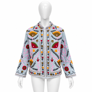 Veste en velours bleu glace brodée de fleurs pour femmes |   Vêtement d'extérieur ethnique bohème avec manches longues et col décoratif - Product Image 1