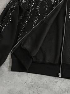 Sudadera con capucha negra para hombre, con cremallera, diseño de llamas con pedrería, capucha con púas, de algodón polar, estilo oversize, fabricación de ropa urbana - Product Image 5