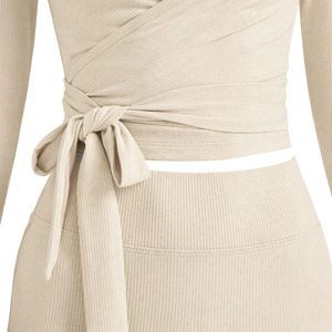 Combinaison de yoga pour femme, couleur personnalisable, à col licou et manches longues, taille mi-haute, jambe évasée, ceinture à nouer, extensible, séchage rapide, longueur intégrale, 2 pièces - Product Image 6